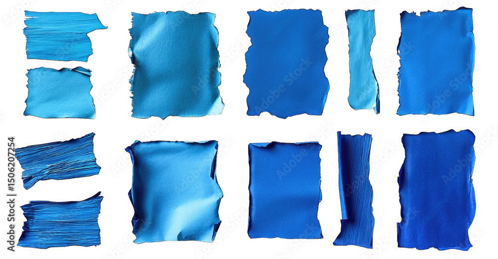 Poster a collection of ten blue paper scraps with torn edges isolated on a transparent background the scrap
