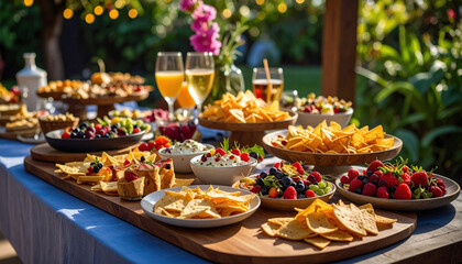 Naklejka premium Vibrant tableau of party snacks featuring crispy chips, savory dips, fresh fruits, and colorful beverages, creating festive atmosphere for gatherings and celebrations