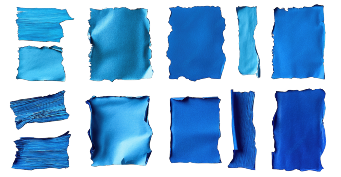 A Collection Of Ten Blue Paper Scraps With Torn Edges Isolated On A Transparent Background The Scraps Come In Various Sizes And Shapes With Rough Edges Offering A Versatile And Artistic Element For De