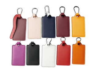 A Collection Of Ten Colorful Leather Keychains With Silver Rings And Loops On A Transparent Background