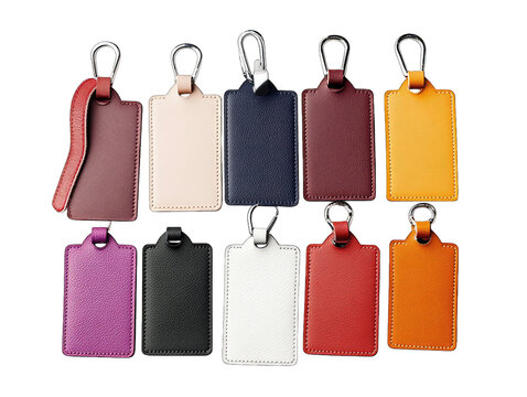 A Collection Of Ten Colorful Leather Keychains With Silver Rings And Loops On A Transparent Background