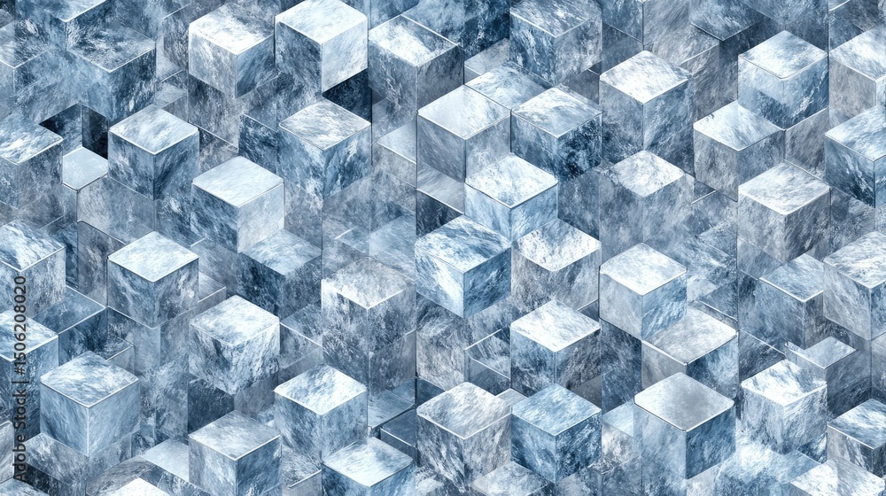 Poster abstract pattern of overlapping, textured cubes in shades of blue.