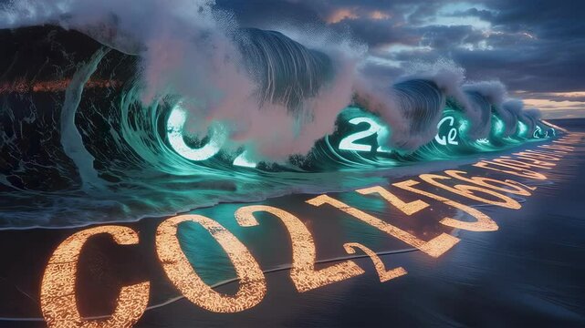 Glowing turquoise ocean waves are approaching a beach where the chemical formula and atomic number of carbon dioxide are written in the sand at sunset. With oxygen and cerium molecules hovering above