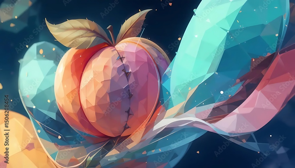 Poster abstract polygonal style image features a peach with vibrant colors and geometric shapes design.