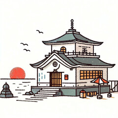 Fototapeta premium Traditional Japanese house by the sea at sunset 