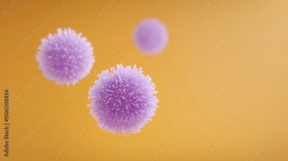 Poster purple spherical virus illustration floating against a soft yellow background with a smooth texture 