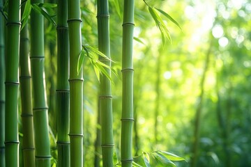 Fototapeta premium Close-up of vibrant green bamboo stalks with fresh leaves in a sunlit forest creating a peaceful and refreshing atmosphere