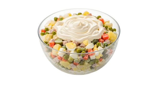Olivier salad with mayonnaise in glass bowl