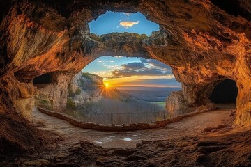 Sunset view through a large natural cave opening overlooking rugged cliffs and a vast forested valley under a partly cloudy sky