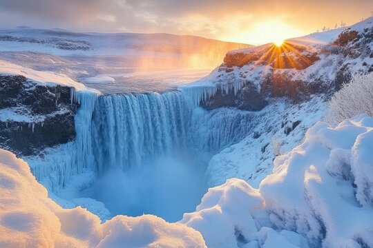 Majestic waterfall surrounded by snow and ice under a golden sunrise casting warm light over the wintry landscape - Powered by Adobe