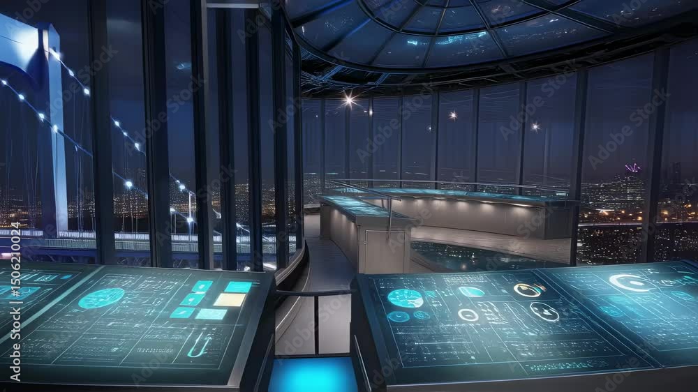 Poster high tech control room featuring interactive holographic screens displaying urban data. overlooking 