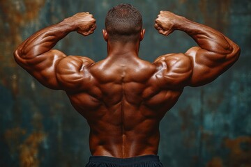 Rear view of muscular man flexing toned and defined back and arm muscles against a dark textured background