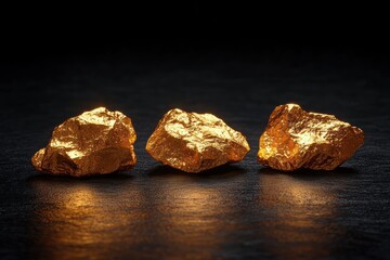 Naklejka premium Three shiny rough golden nuggets glowing softly against a dark textured surface creating a warm reflective effect