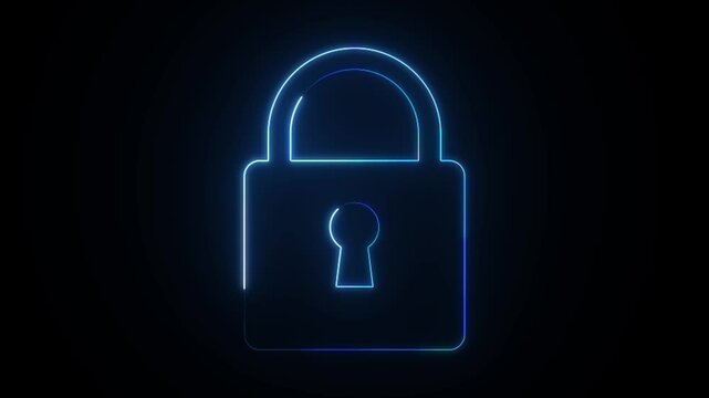 A glowing neon lock symbolizing cybersecurity, digital privacy, data protection, and secure access in technology systems. on a black background