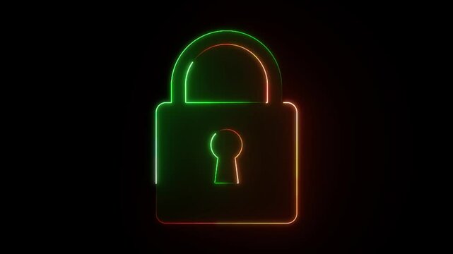 A glowing neon lock symbolizing cybersecurity, digital privacy, data protection, and secure access in technology systems. on a black background