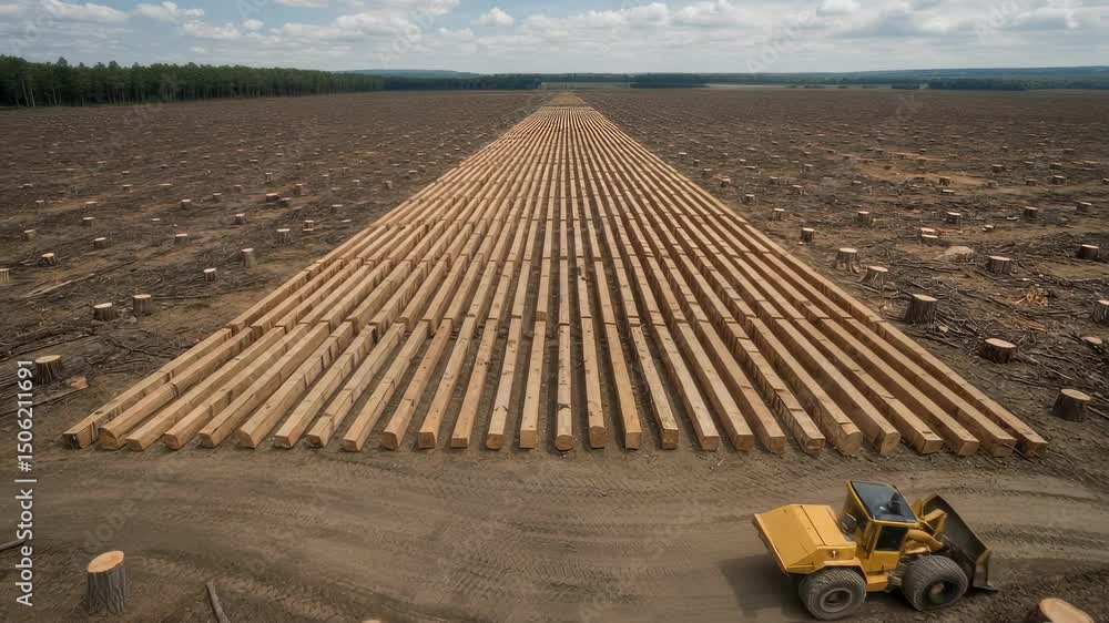 Aufkleber industrial logging machinery precisely arranging cut tree trunks, creating geometric wood patterns a