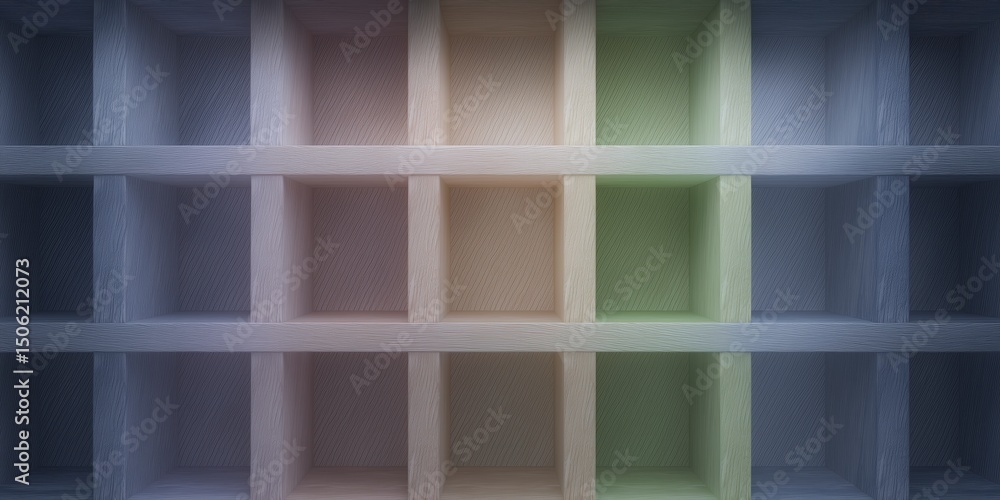 Poster abstract wooden shelf with empty compartments in various shades creating a visually appealing backgr