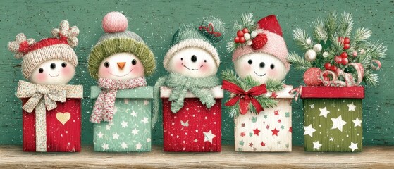 Three snowmen standing side by side among wrapped Christmas presents with colorful ribbons and bows.