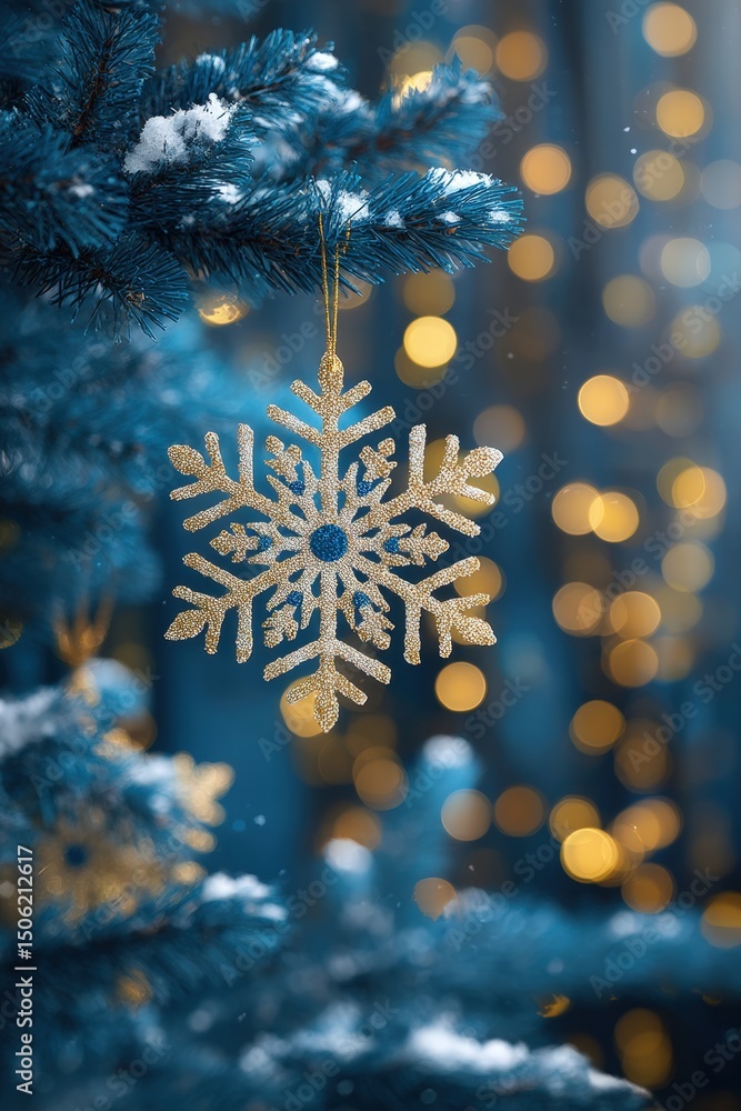 Wall mural white snowflake ornament hanging on tree branch with blurred warm lights in soft evening background.