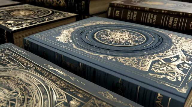 Close-up of several ancient books with ornate golden designs and intricate patterns sitting on a wooden surface