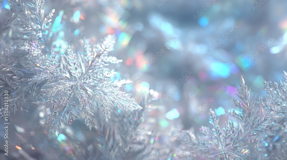 Wall mural close-up of snowflakes resting on a tree branch with a soft, blurred winter background.