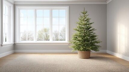 Small potted Christmas tree decorated with lights in a cozy indoor room setting.