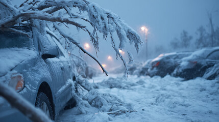 Winter storm aftermath showing cars buried in snow, one struck by a fallen tree branch in a cold, icy parking lot at dusk.