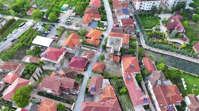 Albania Pogradec Tushemisht touristic village in spring, drone view