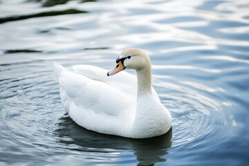 Naklejka premium Elegant swan gliding across calm water in a pond