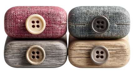 Colorful Boxy Button Accessories: A visually appealing shot of four stylish boxes with button closures, each flaunting a unique texture and hue, presented in a captivating composition. 