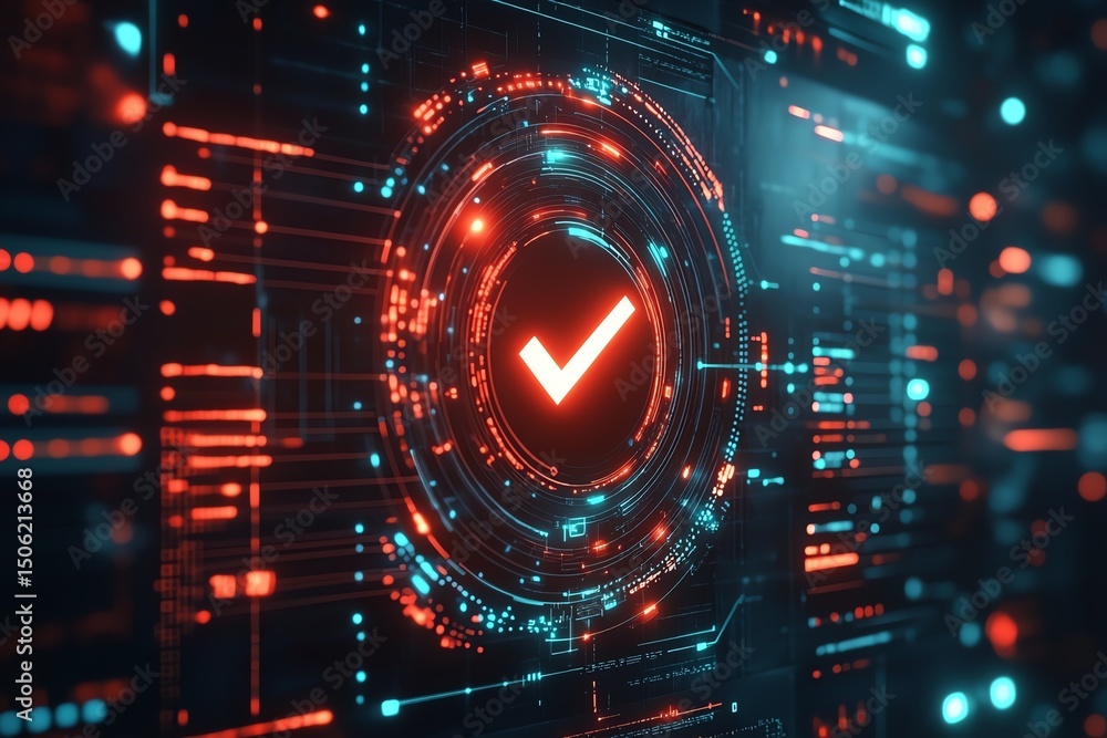 Poster futuristic digital interface with glowing check mark in checklist technological concept on dark back