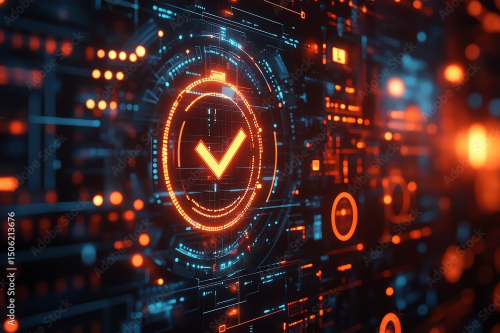 Poster futuristic digital interface with glowing check mark in checklist technological concept on dark back