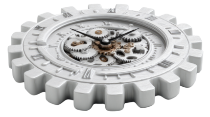 Steampunk Clock: White clock with visible gear.