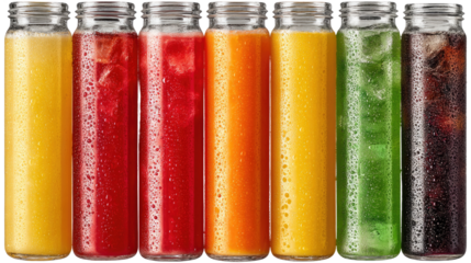 Juicy Bottles Arrayed: An inviting array of colorful juices, presented in glass bottles, offer a refreshing visual feast, suggesting a medley of vibrant, healthful, and invigorating flavors.