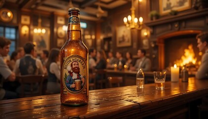A frosty beer bottle sits upon a rustic wooden bar, a group enjoying the warm pub ambience.