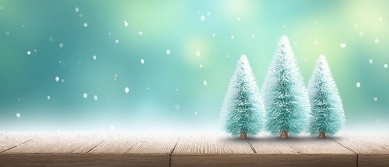 Three small trees arranged on a rustic wooden table with natural light and neutral background.