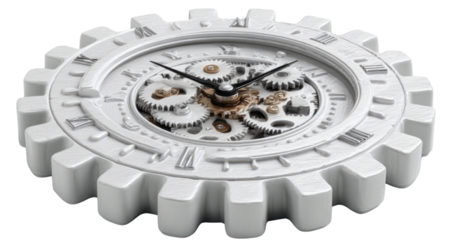 Steampunk Clock: White clock with visible gear.