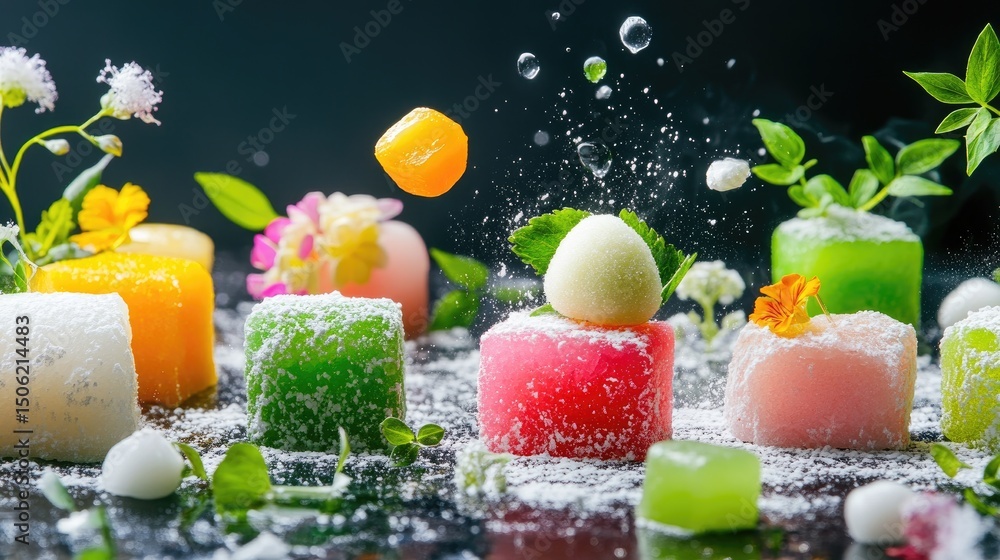 Poster close-up of a playful spread of mochi sweets, bursting with color and garnished with greenery