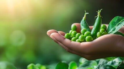 Fresh Green Peas in Hand Closeup Shot Nature