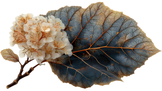 Floral Serenity: A close-up view of delicate white flowers and a striking leaf, artfully captured to highlight the intricate beauty of nature's details. 