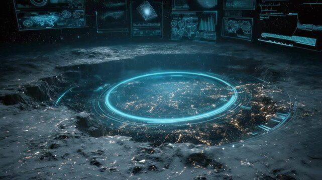 Lunar surface displays a futuristic hologram illuminating a crater with city lights below, complemented by a digital interface showcasing various data visualizations