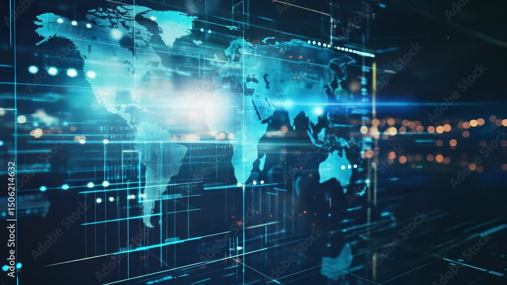 Poster digital world map with glowing data points and blue light effects showing global connection, technol