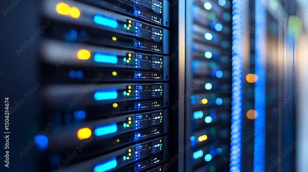 Poster close-up view of illuminated data center servers with blue led lights and network connections