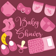 Baby shower vector illustrations set. Hand drawn newborn boy items and elements