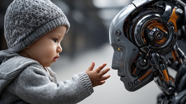 Curious baby interacting with futuristic robot in a heartwarming moment