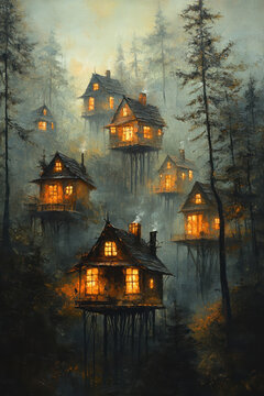 Surreal wooden treehouses with warm glowing lights in misty forest, vertical view of faity tale village in magical woods, concept of fantasy.
