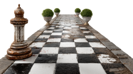 Strategic Pathway: A chess piece stands guard beside a checkered walkway, lined with potted plants, creating a metaphorical journey of strategic planning. 