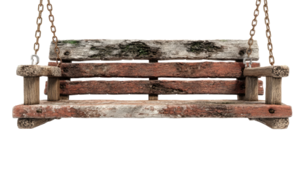 Serene Swing Seat: An aged, weathered wooden swing seat, suspended by chains, offers a quiet invitation to rest and contemplation. Reminiscent of slower days and simple pleasures.