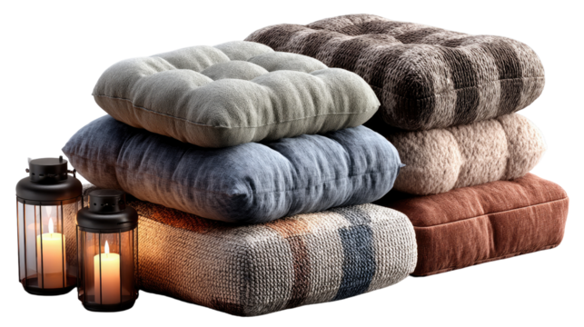 Cozy Comfort: An inviting stack of plush cushions and ambient candles creates a warm and relaxed atmosphere for quiet relaxation.