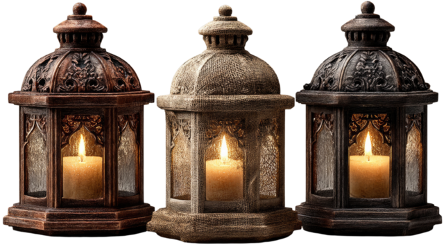 Illuminating Lanterns: A mesmerizing array of antique lanterns, each showcasing a warm, inviting glow from the flickering candle within, perfect for a mystical, romantic setting.